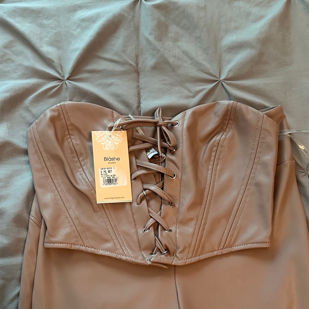 Blush Taupe Lace-Up Corset Top with pants